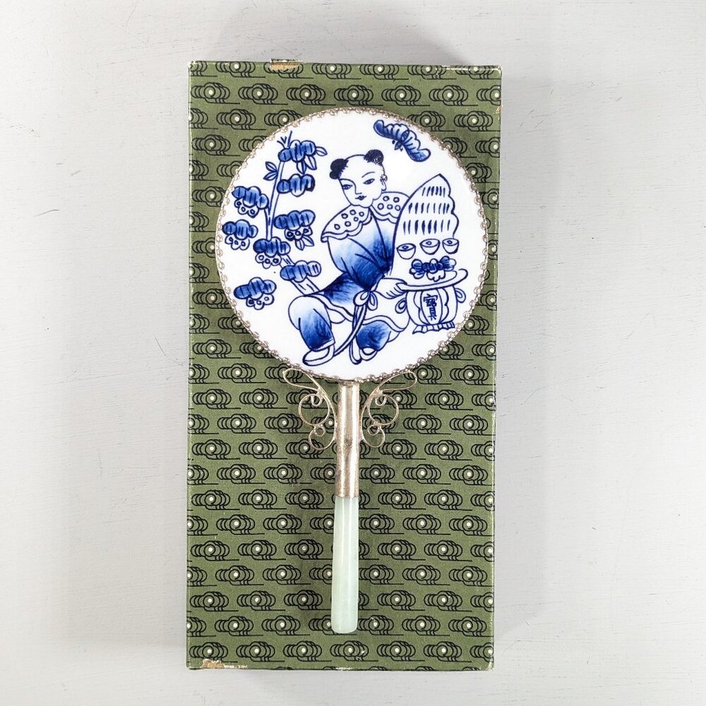 Vintage Chinese hand mirror with neprite or jade handle, porcelain back
